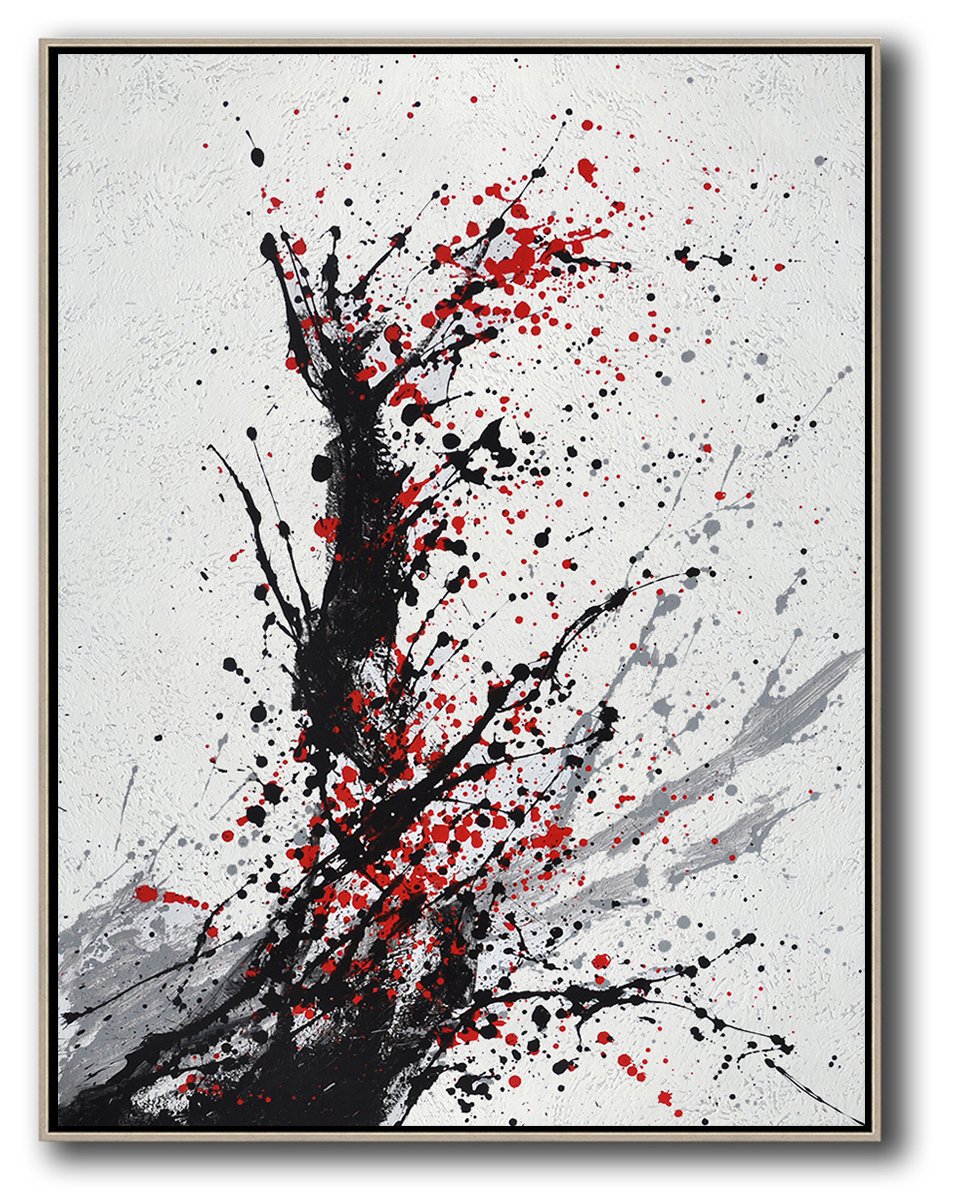 Hand-Painted Black, White, Grey, Red, Minimalist Painting On Canvas, Drip Painting - Oil Portrait Kitchen Extra Large